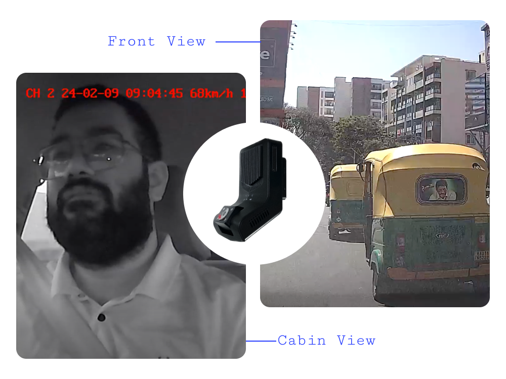 Dash cam with dual lenses and real-time streaming and alerts.